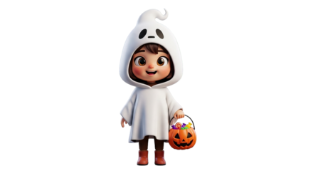 Whimsical 3D render of a girl in a playful ghost costume with a jack-o'-lantern treat bucket.