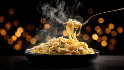Steaming pasta on fork, plated with cheese, dark background, bokeh lights