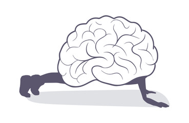 Brain doing push up exercise for healthy lifestyle and wellbeing. Productivity, effectiveness. Intelligence and knowledge development with brain performance. Thoughts, and idea pumping