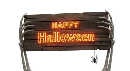 A rustic wooden sign radiates neon orange 'Happy Halloween' held by skeletal hands, with a spider.