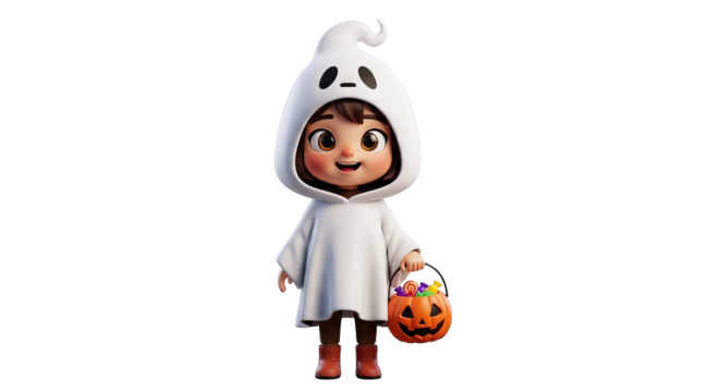 Whimsical 3D render of a girl in a playful ghost costume with a jack-o'-lantern treat bucket.