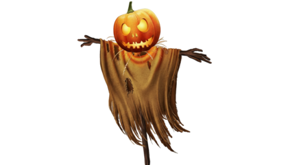 An eerie scarecrow stands guard with a glowing pumpkin head, wearing tattered burlap clothing.