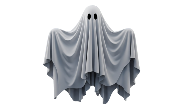 Ethereal ghost shrouded in a white sheet with dark eye sockets evokes a spooky, spectral feeling.