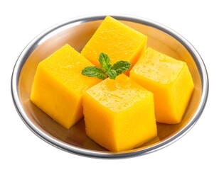 Sliced ripe mango cubes in a metal bowl, garnished with mint
