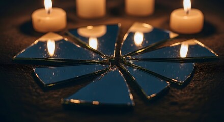 A reflective broken mirror arranged in a circular pattern with candles around it, creating a calming and contemplative atmosphere for relaxation or meditation