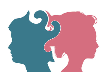 Silhouettes of a man heads. Friendship, business and sexual relationships. Digital, interactive and global communication concept. Male and female head silhouettes