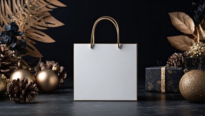 White gift bag surrounded by golden decor on dark surface