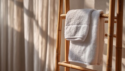 Folded towel hangs on a bamboo ladder in sunlit, spa-like setting