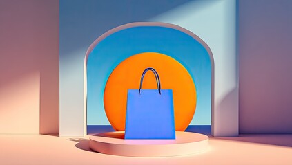Blue bag on pink podium, orange circle, arch doorway, bright light