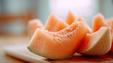 Sliced cantaloupe on wooden board, closeup