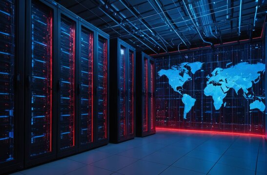 Large Scale Data Center Server Room with Red and Blue Lighting
