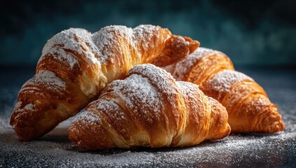 Croissants dusted in powdered sugar against a dark backdrop