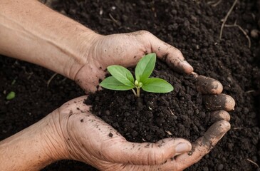 Small Green Seedling Sprouting from Fertile Soil Held in Hands