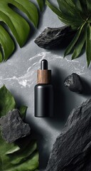Dark dropper bottle, wood cap, with leaves & rocks on marble backdrop