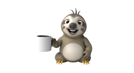 Obraz premium A charming 3d cartoon sloth, , joyfully holds a steaming mug of coffee, its adorable face beaming with delight, creating a heartwarming and whimsical scene