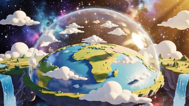 flat, earth, dome, Low poly style rendering of a flat Earth surrounded by fluffy clouds, set against a vibrant cosmic background with stars and nebulae.