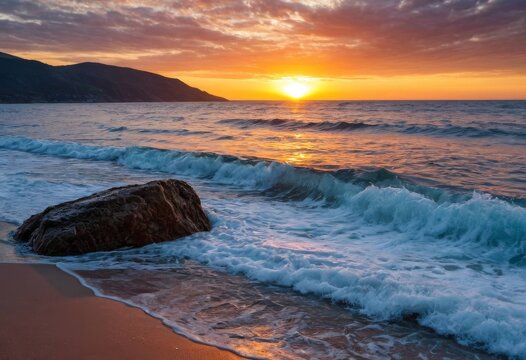 Romantic Dusk and Coastline Bathed in Golden Light - Powered by Adobe