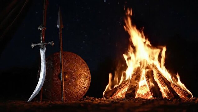 Warrior Weapons Campfire Night Scene Sword Shield Spear Fire