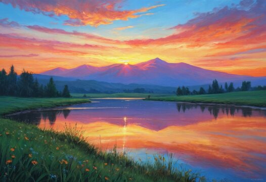 Vivid Sky and Sunrise (or Sunset) over Lake with Mountain Range in Background