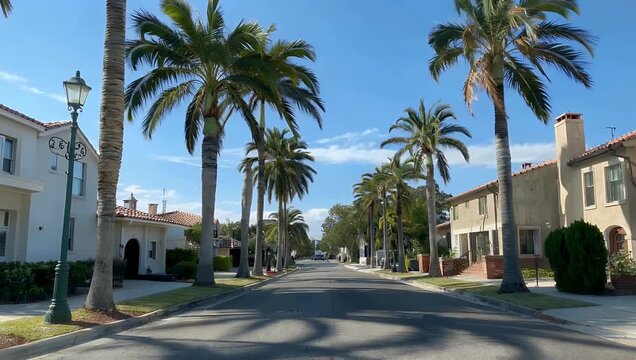 A wide 4K street view featuring tall palm trees lining the road with sunlit residential houses bathed in warm golden sunlight under a clear blue sky creating a serene peaceful and picturesque urban