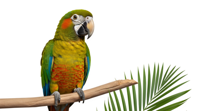 A colorful macaw perched on a branch with palm leaf, the birds plumage is a mix of green, yellow, and orange, creating a vibrant tropical scene