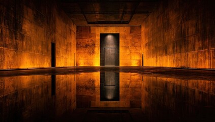 Dark corridor with wet floor reflecting warm, bright doorway