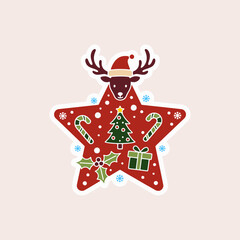 Cute Black and White Minimalist Christmas Star Vector Sticker. Holiday Festive Element with Thick Outline. Simple Cartoon Design.