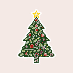 Cute Minimalist Black and White Christmas Tree Sticker - Cartoon Holiday Element Vector Graphic with Thick Outline