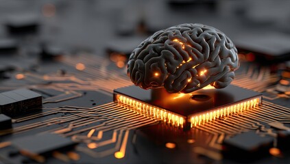 Glowing brain atop a microchip, connected by circuits