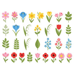 Set of modern flowers in flat geometric style. Collection of floral icons in folk style, ideal for posters, cards, and prints for spring and summer holidays, Easter, or Mother’s Day. Vector illustrati