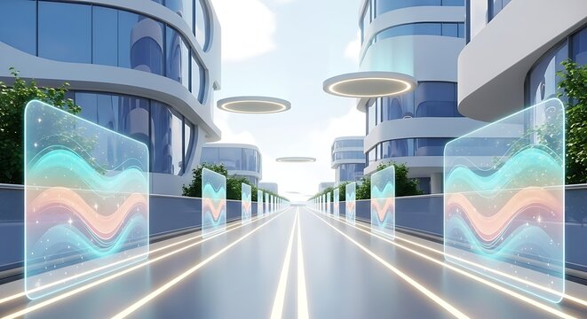 Futuristic city street with digital displays showing colorful wave patterns, surrounded by modern buildings and hovering platforms.
