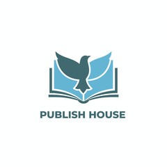 A stylized logo depicts a dove in flight superimposed over an open book, with text below