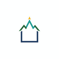 A geometric illustration featuring a home shape with mountains and an upward-pointing arrow