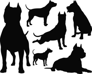 Dog silhouettes in varied poses, muscular breed, sitting, standing, lying, stretching, black vector, pet icon, animal shape, behavior