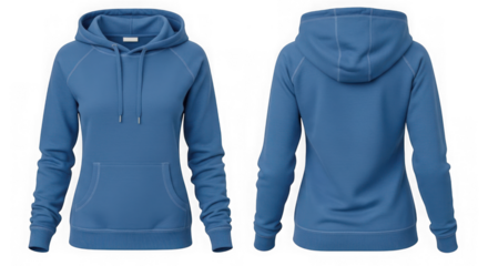 Blue hoodie mockup front and back view isolated on transparent background