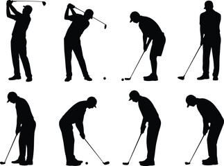 Golf silhouettes, player actions, swing poses, putting stance, black icons, vector sports, athletic motion, golf technique, abstract golfer, sports illustration