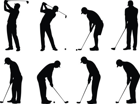 Golf silhouettes, player actions, swing poses, putting stance, black icons, vector sports, athletic motion, golf technique, abstract golfer, sports illustration