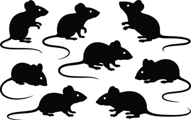 Mouse silhouette vector set, rodent icons, black animal clipart, wildlife graphics, nature design elements, crawling and standing poses bundle