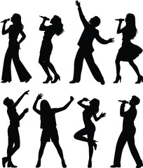 Singer silhouette vector set, dancing performer icons, black concert clipart, music pose graphics, microphone action shapes, entertainment design elements