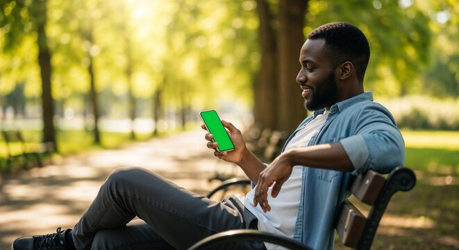 Young Black man sitting on bench in park while using smartphone  