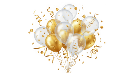 Golden and transparent balloons with confetti and ribbons isolated on transparent background