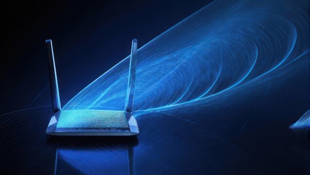 Futuristic Wi-Fi router broadcasting network signal waves on a dark background.
