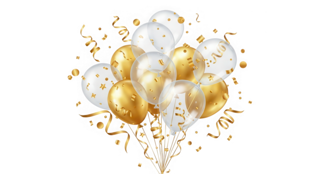 Golden and transparent balloons with confetti and ribbons isolated on transparent background