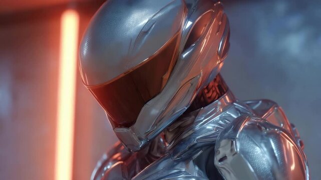 Under neon lights, an armored figure with visor panels, chest modules, and plating stands in a studio.