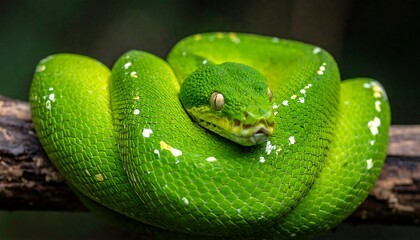 Fototapeta premium Vivid emerald serpent, coiled on a weathered branch, head alert. Detailed scales and piercing eyes. Blurred background creates depth