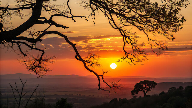 A vibrant sunset paints the sky with warm hues, casting a golden glow over the african savanna, with a silhouette of a tree framing the picturesque landscape - Powered by Adobe