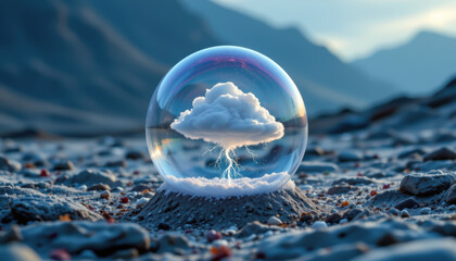 Surreal Glass Sphere with Storm Inside Rocky Surface