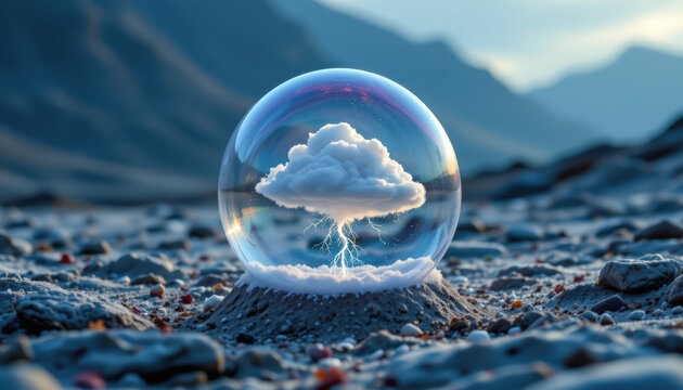 Surreal Glass Sphere with Storm Inside Rocky Surface - Powered by Adobe