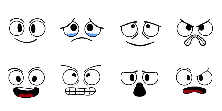 Cartoon face and eyes expressions vector set. Cartoon comic emotion effects set. Stock vector illustration isolated on white background