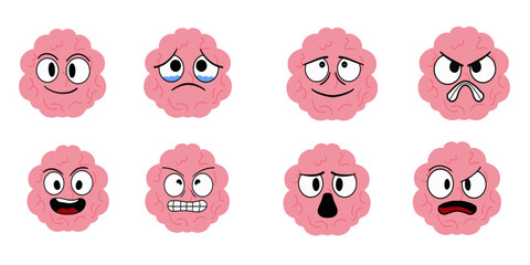Fototapeta premium Cartoon brain character emotions vector set. Cute doodle brain mascot faces character expressions collection